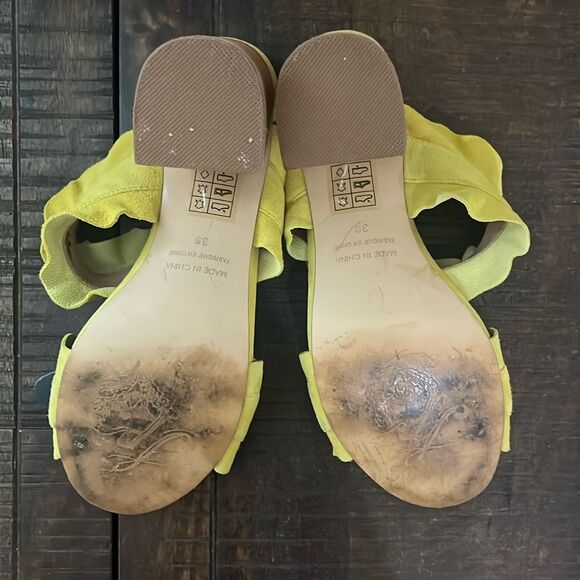 Free People Ruffle Block Heel Sandal Yellow Tan Double Strap Size 9 - Picture 9 of 14